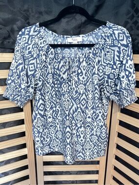 S.L. Fashions Navy and White Ikat Peasant Blouse